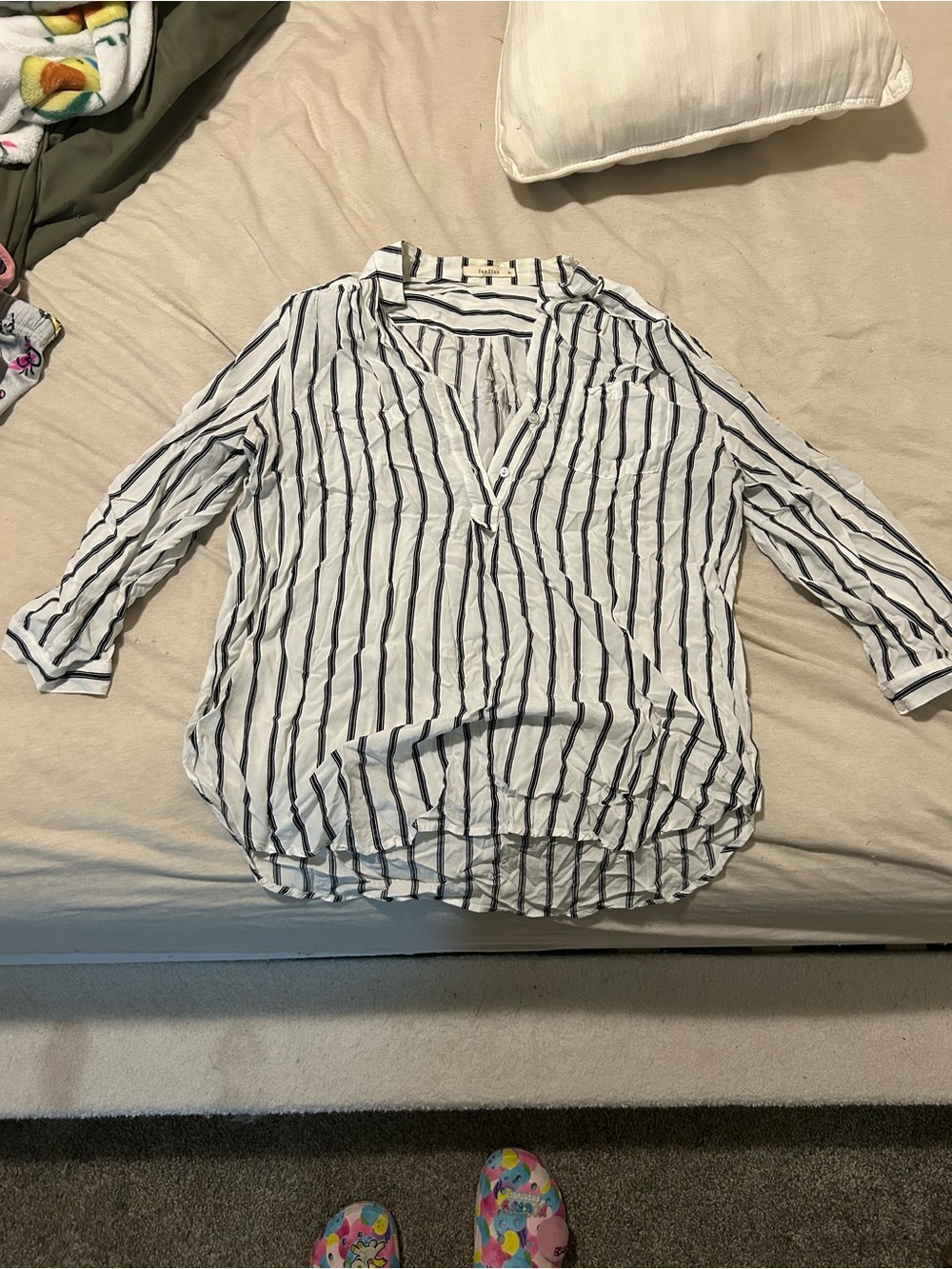 fun 2 fun White and Navy Vertical Stripe Button-Front Shirt